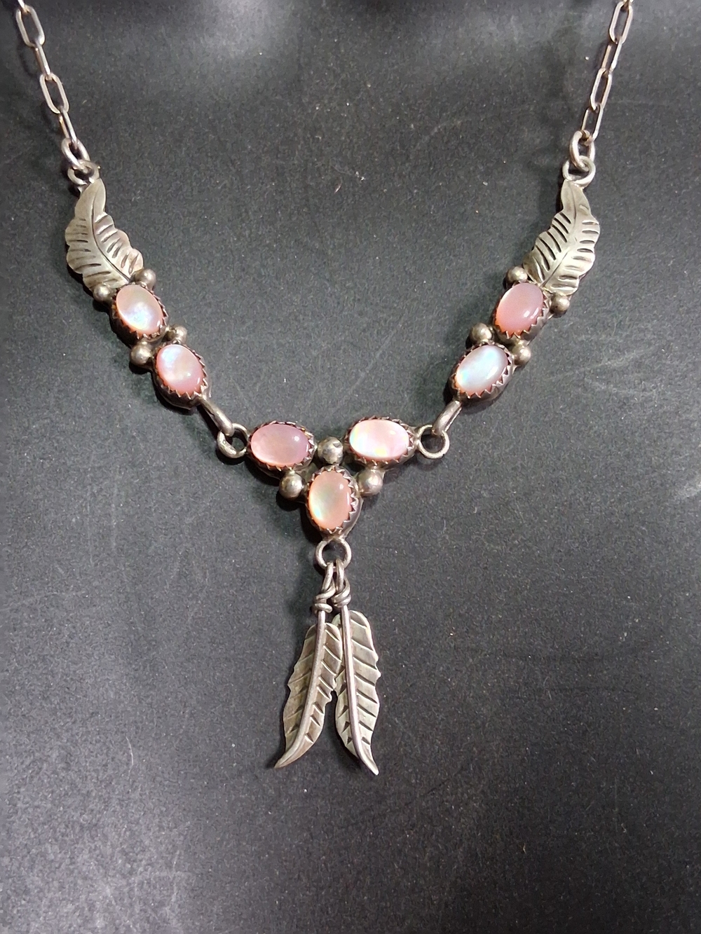 Sterling Silver Native American Feather Necklace with Pink Opal Dangle Accents